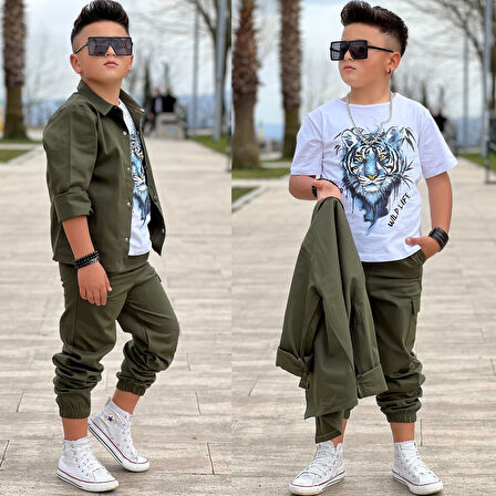 MODAVALS GABARDİN GÖMLEK KARGO CEP PANTOLON ve KAPLAN BASKILI TSHIRT 3 PARÇA ERKEK ÇOCUK TAKIM 