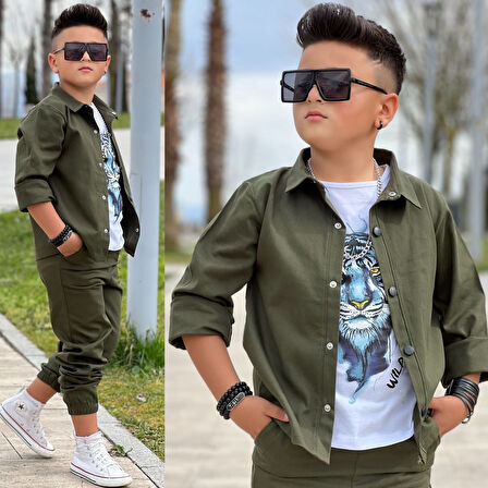 MODAVALS GABARDİN GÖMLEK KARGO CEP PANTOLON ve KAPLAN BASKILI TSHIRT 3 PARÇA ERKEK ÇOCUK TAKIM 