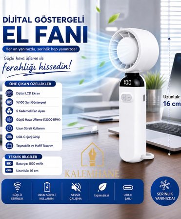 Kalemhane Dijital Göstergeli 5 Kademeli Hareketli Başlık El Fanı Beyaz