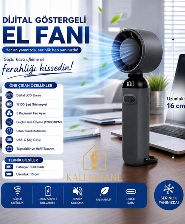 Kalemhane Dijital Göstergeli 5 Kademeli Hareketli Başlık El Fanı Beyaz