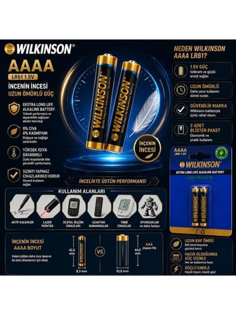 Wilkinson Batteries 25A Ultra Plus Lr8D425/E96/AAAA Boy İncenin İncesi Alkalin Pil, 1.5 Volt, 2'li K