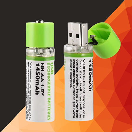 BUFFER® USB Şarjlı 1450mAh AA 1.2V Lityum Kalem Pil – 2’li Set, Tekrar Şarj Edilebilir Uzun Ömürlü D