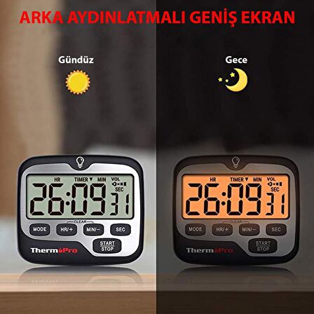 Thermopro TM01 Mutfak,Spor, Ders Alarmlı Işıklı Kronometre, Geri Sayım Sayacı ve Dijital Saat