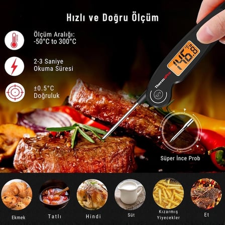 Thermopro TP605B Katlanabilir Problu Profesyonel Gıda Pişirme Termometresi-Siyah