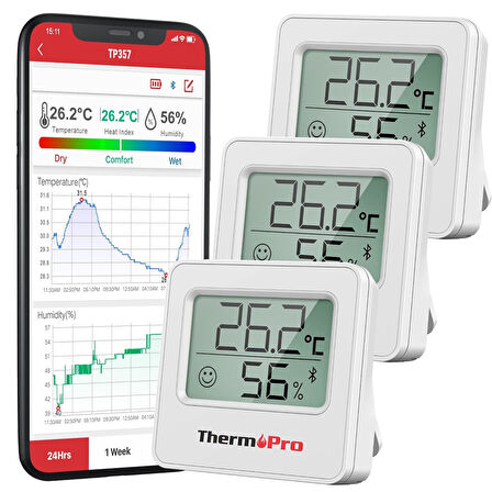 ThermoPro TP357 Akıllı İç Mekan Isı ve Nem Ölçer Termometre - 3 Adet