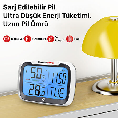 ThermoPro TP393B 7" Wi-Fi İç ve Dış Mekan Sıcaklık, Nem, Basınç Ölçer Geniş Ekranlı Termometre