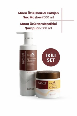 Maca Özü Onarıcı Repair Kolajen Saç Maskesi 500 ml + Maca Özü Nemlendirici Şampuan 500 ml Karsel
