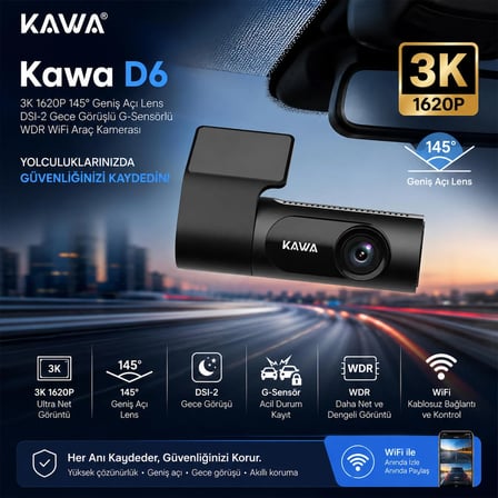 Kawa D6 3K 1620P 145° Geniş Açı Lens DSI-2 Gece Görüşlü G-Sensörlü WDR WiFi Araç Kamerası