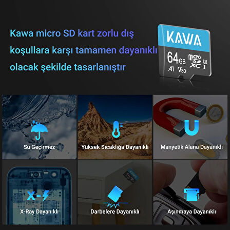 Kawa High Endurance U3 V30 100MB/s Okuma 40MB/s Yazma 64GB Micro SD Hafıza Kartı