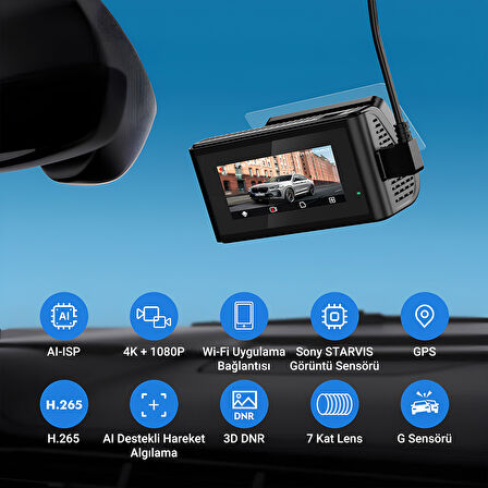 Kawa D11 2 Kameralı Ön / Arka 4K+1080P Sony STARVIS Sensörlü Yapay Zeka Destekli Wi-Fi GPS'li Araç Kamerası