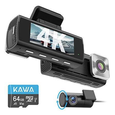 Kawa D10 Çift Kameralı 4K+1080P Sony STARVIS Sensörlü Yapay Zeka Destekli Wi-Fi ve GPS'li Araç Kamerası