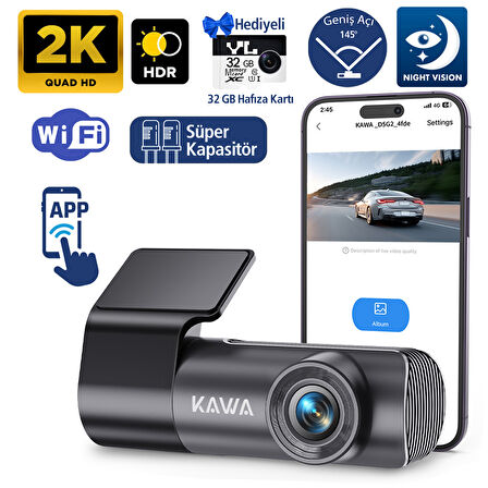 Kawa D5 Gen2 2K 1296P WiFi 145° Geniş Açı Lens Gece Görüşlü 32GB Hafıza Kartlı Akıllı Araç Kamerası