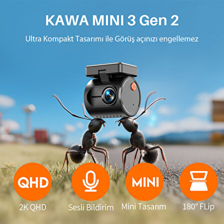 Kawa Mini 3 Gen2 2K 1296P WiFi 145° Geniş Açı Gece Görüşlü 32GB Hafıza Kartlı Akıllı Araç Kamerası