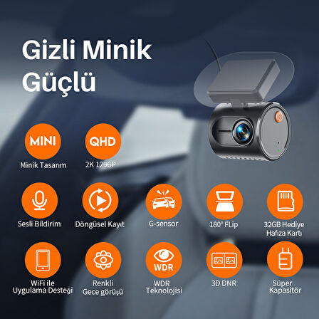 Kawa Mini 3 Gen2 2K 1296P WiFi 145° Geniş Açı Gece Görüşlü 32GB Hafıza Kartlı Akıllı Araç Kamerası
