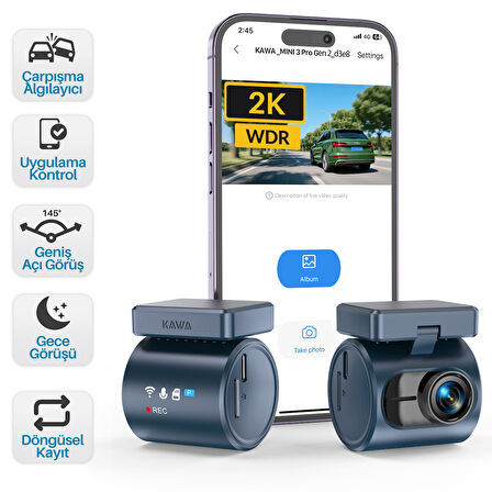 Kawa Mini 3 Pro Gen2 2K 1296P WDR 145° Geniş Açı Lens WiFi Araç Kamerası + 32GB Hafıza Kartı