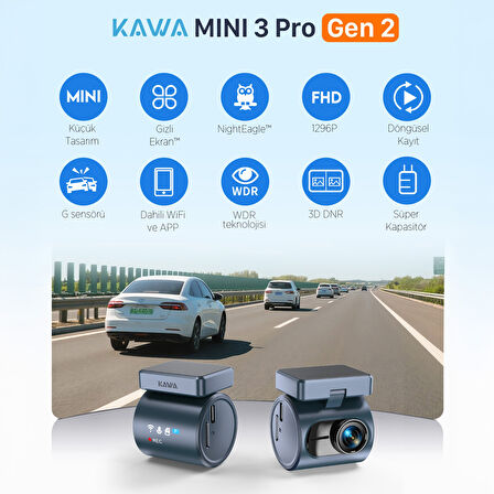 Kawa Mini 3 Pro Gen2 2K 1296P WDR 145° Geniş Açı Lens WiFi Araç Kamerası + 32GB Hafıza Kartı