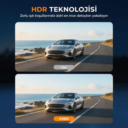 Kawa D9 2 Kameralı Ön+Arka 4K+1080P HDR Wi-Fi GPS'li Gece Görüşlü Araç Kamerası + 64GB Hafıza Kartı