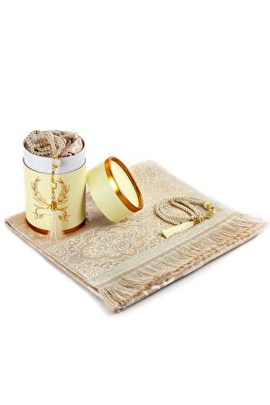 Canım Anneme Seccadeli ve İnci Tesbihli Özel Silindir Kutulu Set - Krem Renk