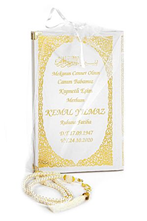 50 ADET - İsim Baskılı Ciltli Yasin Kitabı - Orta Boy - İnci Tesbihli - Tül Keseli - Beyaz Renk