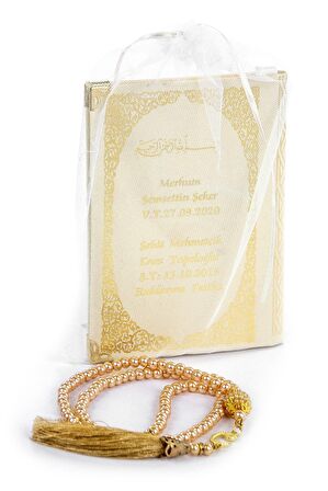 50 ADET - İsim Baskılı Ciltli Yasin Kitabı - Çanta Boy - 128 Sayfa - İnci Tesbihli - Krem Renk - Mevlit Hediyesi