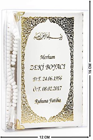 50 ADET - İsim Baskılı Ciltli Yasin Kitabı - Çanta Boy - 128 Sayfa - Tesbihli - Şeffaf Kutulu - Beyaz Renk - Dini Hediyelik Set