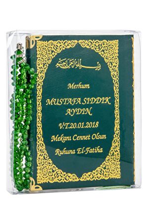 50 ADET - İsim Baskılı Ciltli Yasin Kitabı - Çanta Boy - 128 Sayfa - Tesbihli - Şeffaf Kutulu - Yeşil Renk - Dini Hediyelik Set