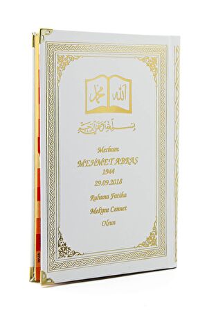 50 ADET - İsim Baskılı Ciltli Yasin Kitabı - Osmanlı Desenli - Orta Boy - 176 Sayfa - Beyaz Renk - Dini Hediyelik