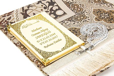 50 ADET - İsim Baskılı Ciltli Yasin Kitabı - Seccadeli - Tesbihli - Kutulu - Bej - Mevlit Hediye Seti
