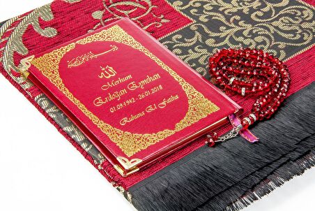 50 ADET - İsim Baskılı Ciltli Yasin Kitabı - Seccadeli - Tesbihli - Kutulu - Kırmızı - Mevlit Hediye Seti