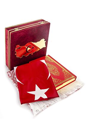 Türkiye Haritalı Bayraklı Kadife Kutulu Kuran ve Seccade Seti Kırmızı