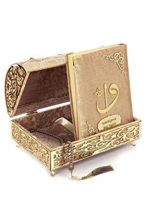Kadife Kaplı Define Sandıklı Kişiye Özel Hediyelik Kuranı Kerim Seti Gold Rengi