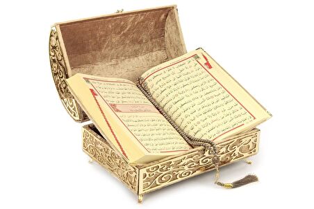 Kadife Kaplı Define Sandıklı Kişiye Özel Hediyelik Kuranı Kerim Seti Gold Rengi