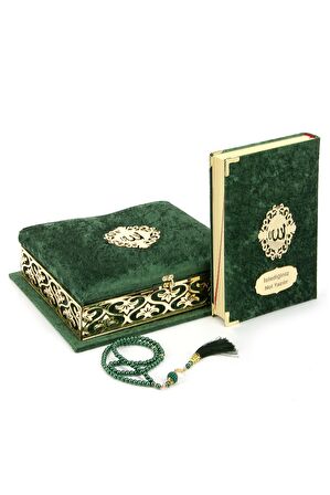 Kadife kaplı pleksi işlemeli sandıklı özel hediyelik Kuranı Kerim Yeşil Renk