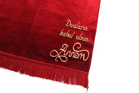 Kişiye Özel İsim İşlemeli Lüks Düz Desensiz Kadife Velür Seccade Kırmızı