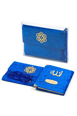 10 Adet Kadife Kaplı Yasin Kitabı - Çanta Boy - İsme Özel Plakalı - Tesbihli - Keseli - Kutulu - Lacivert Renk - Mevlit Hediyeliği