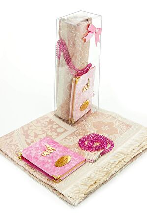 10 Adet Hediyelik Özel Set - Kadife Kaplı Yasin Kitabı - Cep Boy - İsme Özel Plakalı - Seccadeli - Tesbihli - Kutulu - Pembe