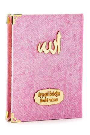 10 Adet Hediyelik Özel Set - Kadife Kaplı Yasin Kitabı - Cep Boy - İsme Özel Plakalı - Seccadeli - Tesbihli - Kutulu - Pembe