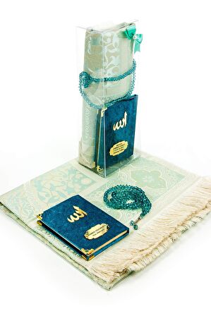 10 Adet Hediyelik  Özel Set - Kadife Kaplı Yasin Kitabı - Cep Boy - İsme Özel Plakalı - Seccadeli - Tesbihli - Kutulu - Petrol