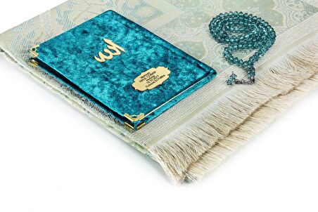 10 Adet Hediyelik  Özel Set - Kadife Kaplı Yasin Kitabı - Cep Boy - İsme Özel Plakalı - Seccadeli - Tesbihli - Kutulu - Petrol