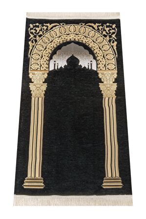 Taç Mahal Desenli Şönil Seccade - Siyah Renk