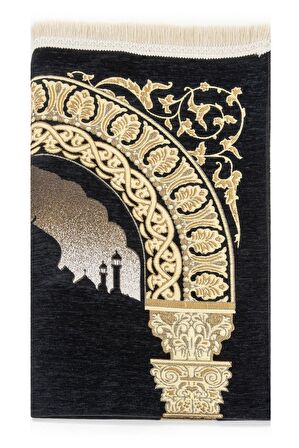 Taç Mahal Desenli Şönil Seccade - Siyah Renk