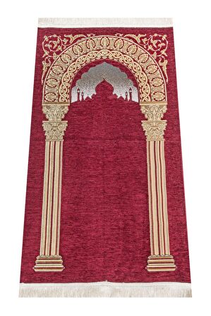 Taç Mahal Desenli Şönil Seccade - Bordo Renk