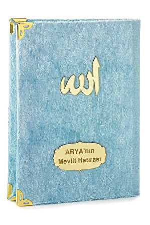 10 Adet Kadife Kaplı Yasin Kitabı - Çanta Boy - İsme Özel Plakalı - Tesbihli - Keseli - Mavi Renk - Mevlüt Hediyeliği - 80 Sayfa