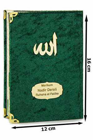 10 Adet Kadife Kaplı Yasin Kitabı - Çanta Boy - İsme Özel Plakalı - Tesbihli - Keseli - Yeşil Renk - Mevlüt Hediyeliği - 80 Sayfa