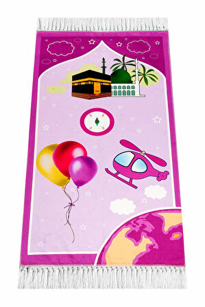 Dijital Baskılı Çocuk Seccadesi - Balonlu  Kabeli Pembe Renk - 44 X 78 cm