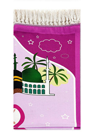 Dijital Baskılı Çocuk Seccadesi - Balonlu  Kabeli Pembe Renk - 44 X 78 cm