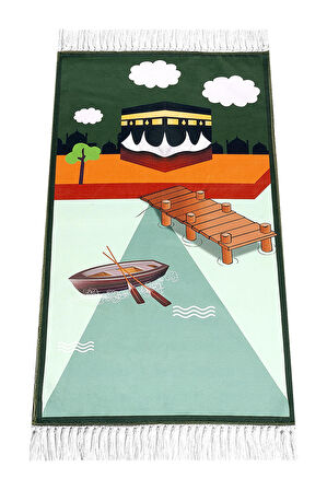 Dijital Baskılı Çocuk Seccadesi - Kayıklı Kabeli Yeşil Renk - 44 X 78 cm