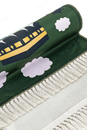 Dijital Baskılı Çocuk Seccadesi - Kayıklı Kabeli Yeşil Renk - 44 X 78 cm