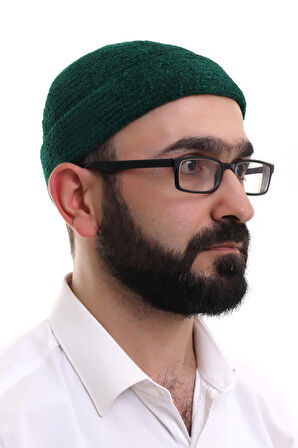 Yeşil Katlamalı Sade Desen Kışlık Kadife Takke Şapka