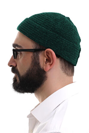 Yeşil Katlamalı Sade Desen Kışlık Kadife Takke Şapka